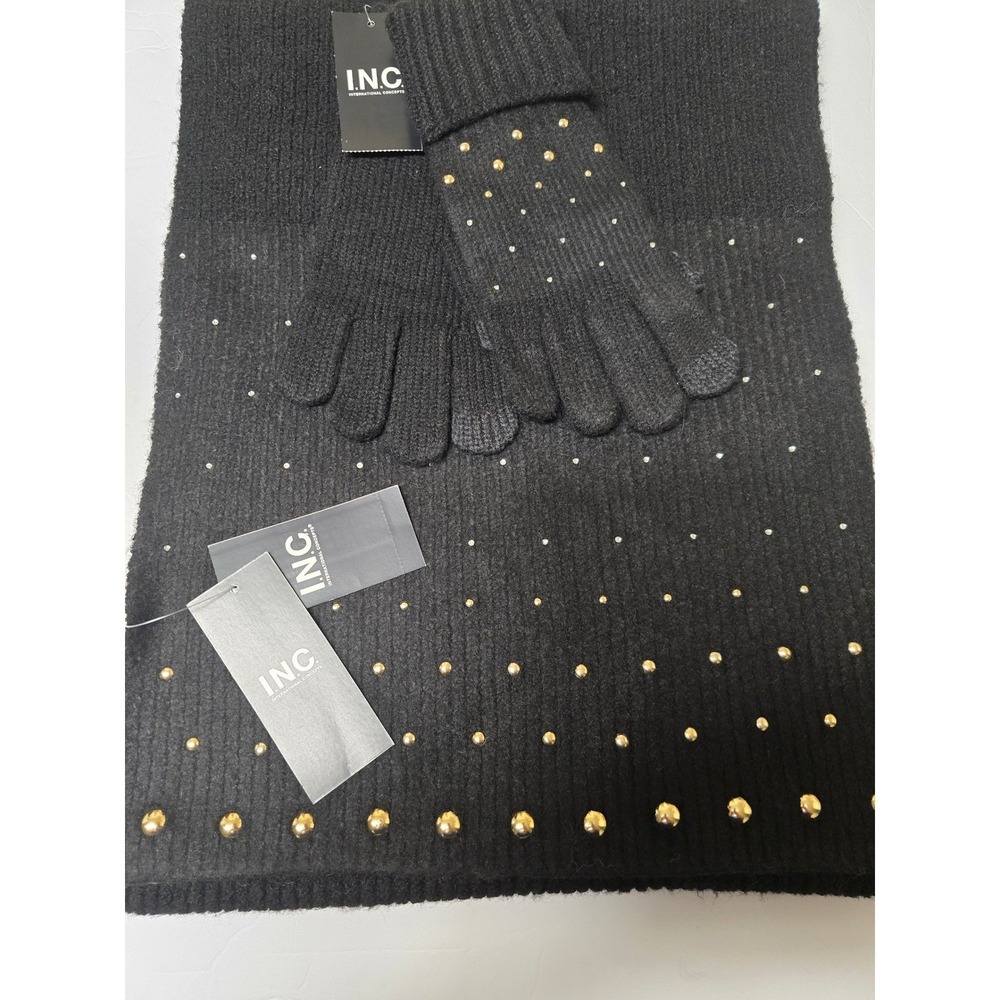 INC International Concepts Black Studded Convertible Wrap and Gloves Set NWT - Picture 4 of 8